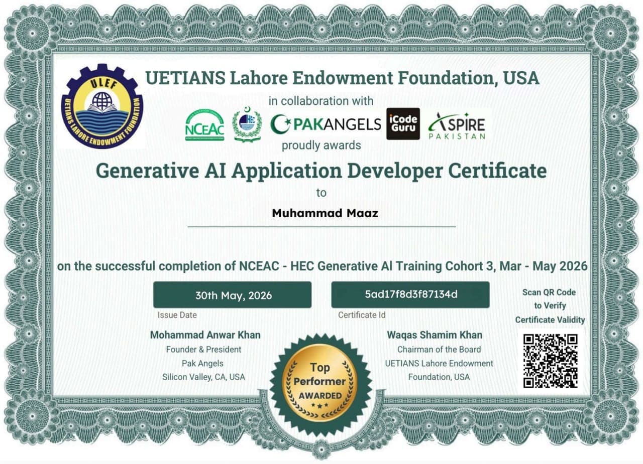 Generative AI Application Developer certificate awarded to Muhammad Maaz