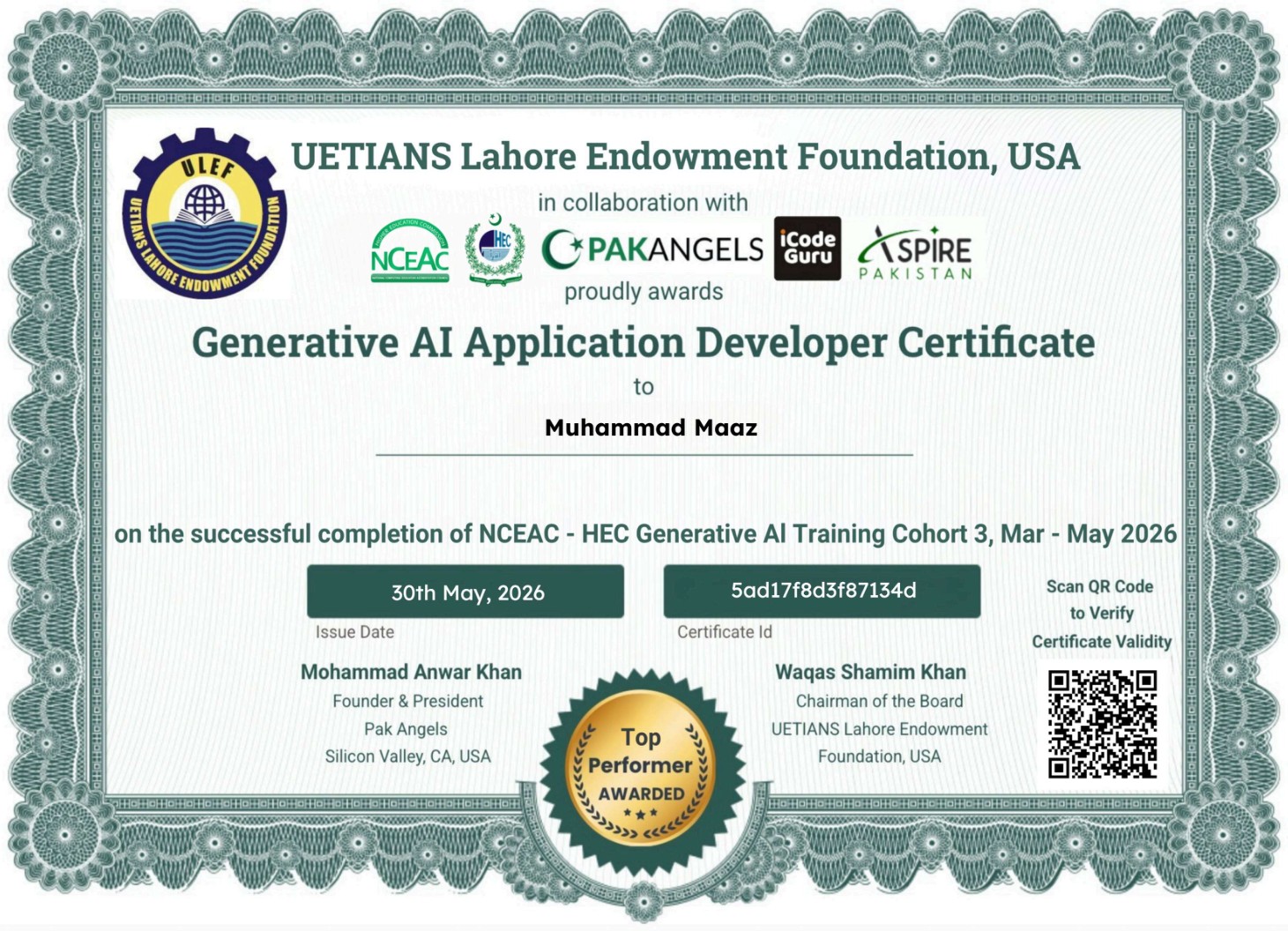 Generative AI Application Developer certificate awarded to Muhammad Maaz